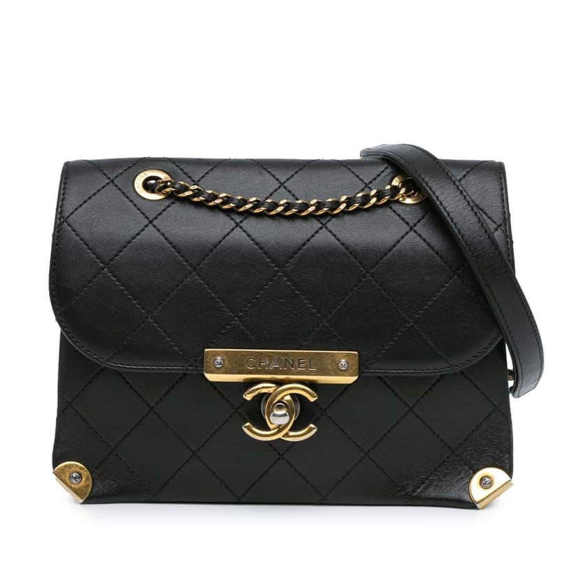 Chanel Quilted Shiny Lambskin Around The Corner Flap Black Leather Good condition - Front View