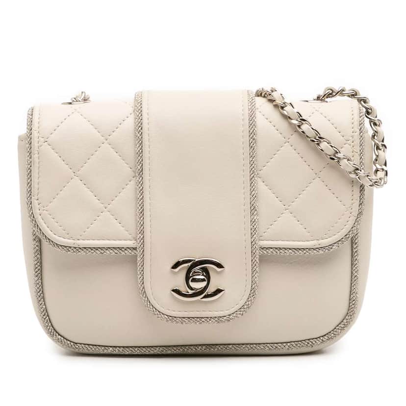Chanel Mini Quilted Lambskin and Metallic Trim Elementary Chic Flap White Leather Good condition - Front View