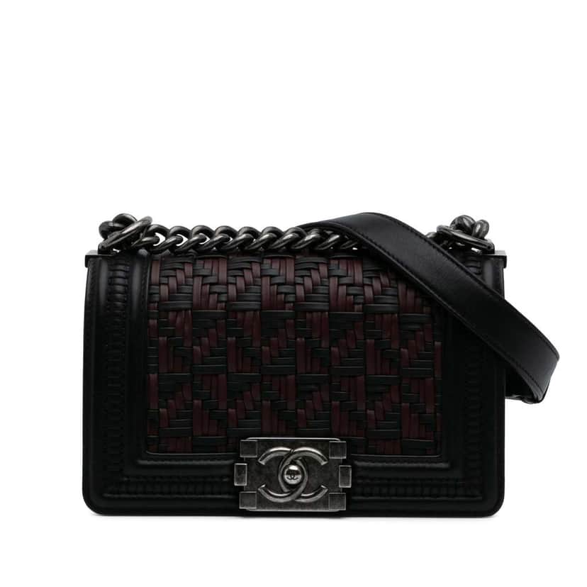 Chanel Small Bicolor Woven Calfskin Boy Flap Black Leather Good condition - Front View