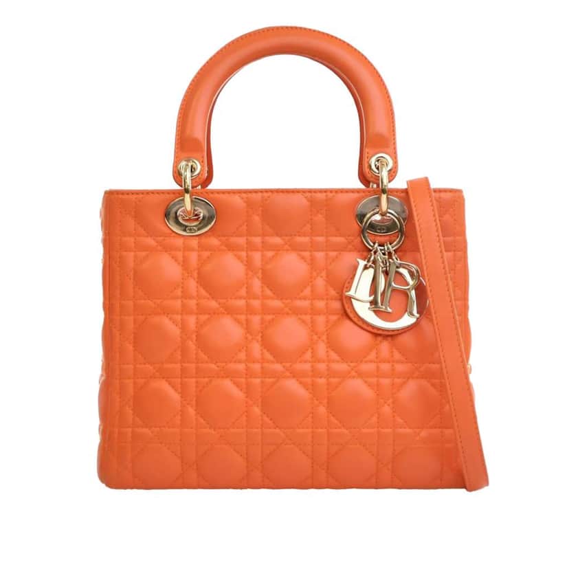 Dior Medium Lambskin Cannage Lady Dior Orange Leather Good condition - Front View