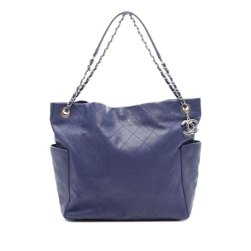 Chanel CC Quilted Caviar Side Pocket Tote Blue Leather Good condition - Front View