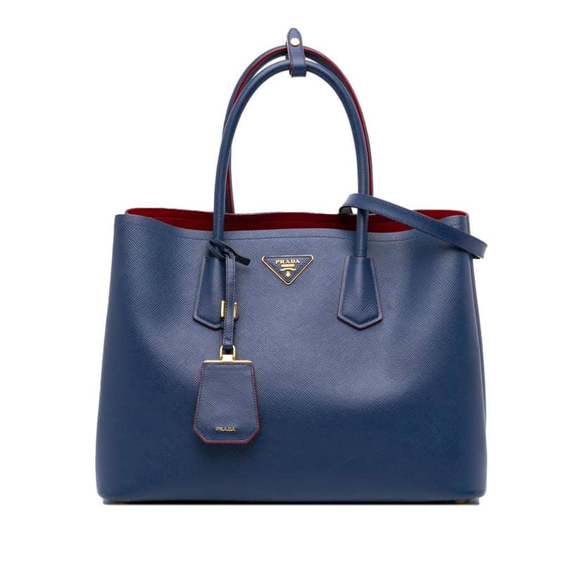 Prada Medium Saffiano Cuir Double Satchel Blue Leather Good condition - Front View