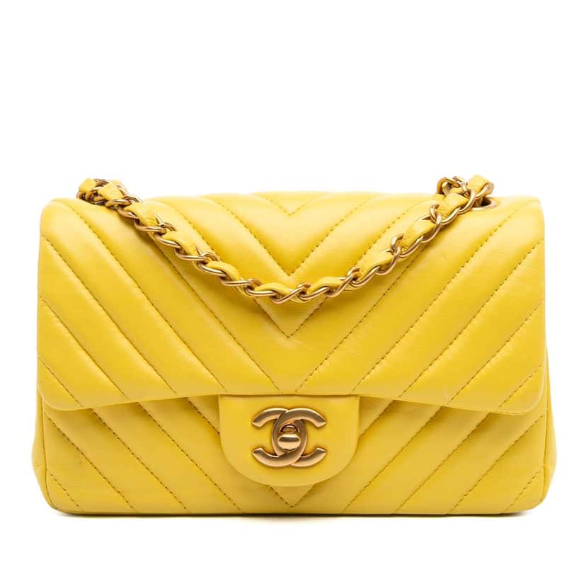 Chanel Mini Rectangular Classic Chevron Lambskin Single Flap Yellow Leather Good condition - Front View