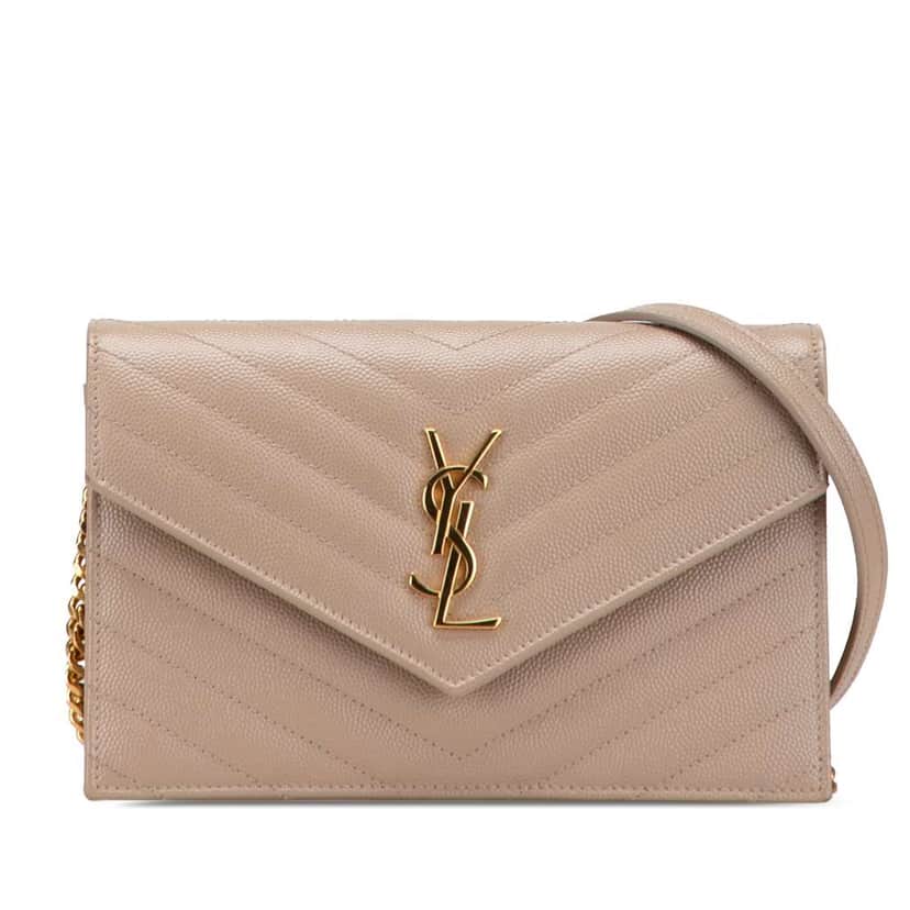 Saint Laurent Grain De Poudre Cassandre Envelope Chain Wallet Brown Leather Good condition - Front View