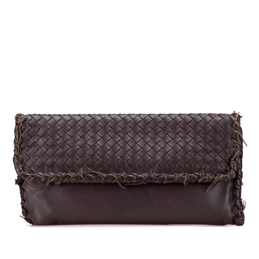 Bottega Veneta Nappa Intrecciato Fringe Flap Clutch Brown Leather Good condition - Front View