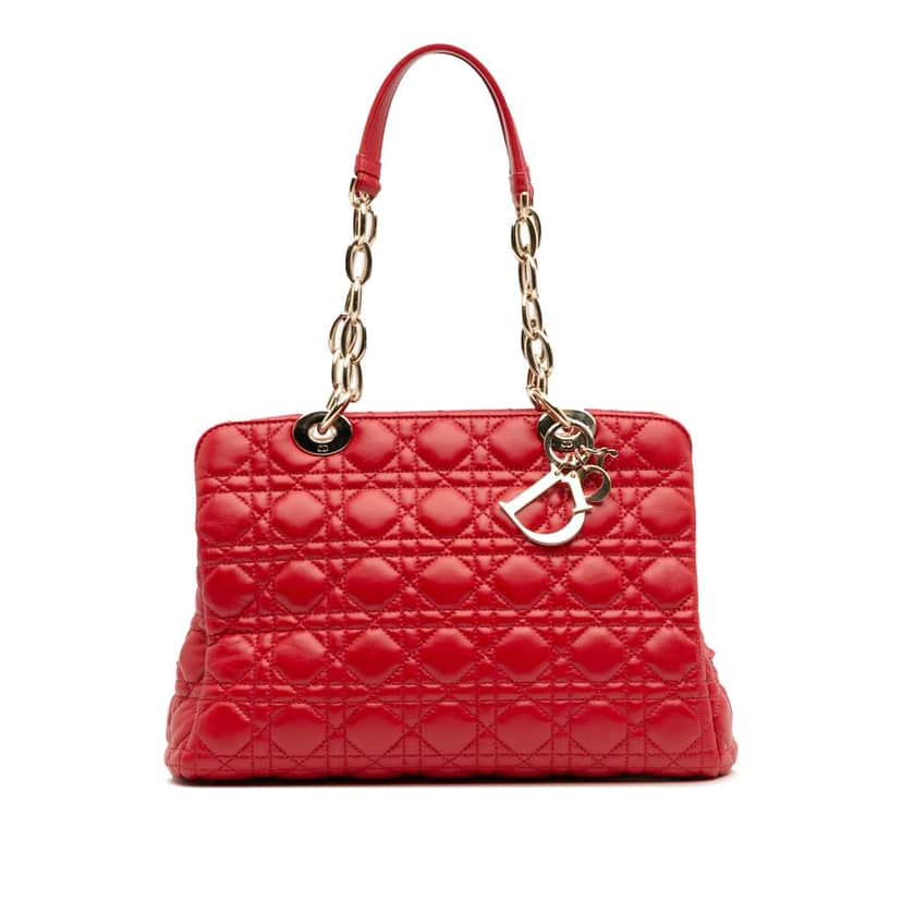 Dior Medium Lambskin Cannage Lady Dior Soft Shopping Tote Red Leather Good condition - Front View