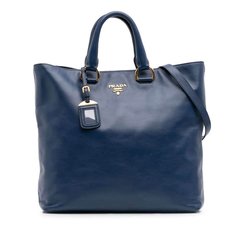 Prada Soft Calf Open Convertible Tote Blue Leather Very good condition - Front View