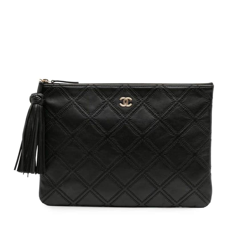 Chanel Medium Quilted Lambskin Double Stitch Tassel O Case Clutch Black Leather Good condition - Front View