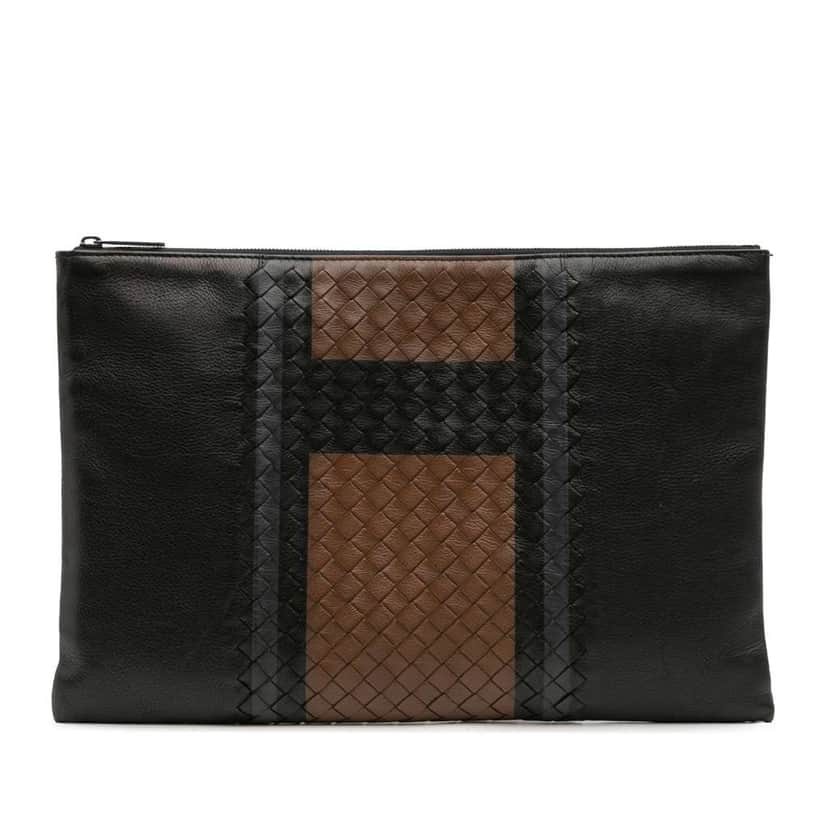 Bottega Veneta Intrecciato Trimmed Leather Clutch Black Leather Good condition - Front View