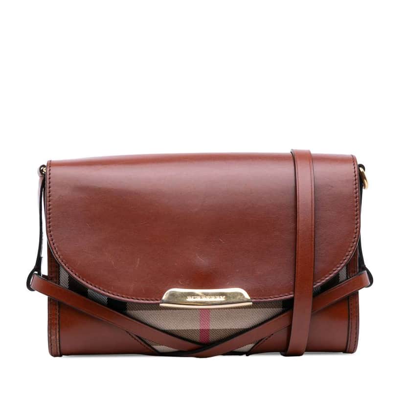 Burberry Leather and House Check Canvas Bridle Abbott Crossbody Brown Leather Good condition - Front View