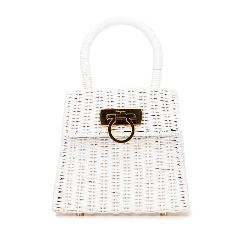 Salvatore Ferragamo Straw Gancini Handbag White Good condition - Front View