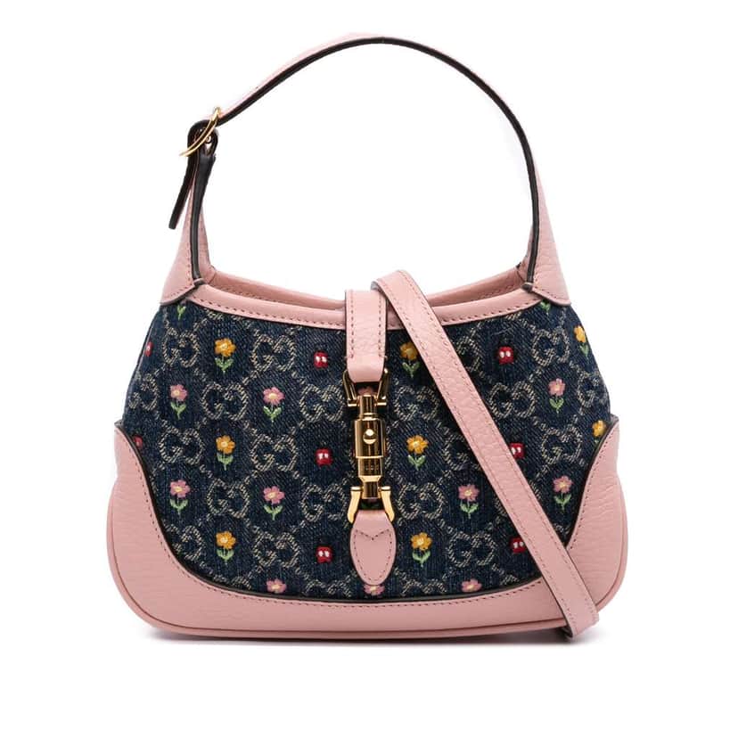 Gucci Limited Edition Mini GG Denim Embroidered Floral Jackie 1961 Crossbody Blue Denim Good condition - Front View