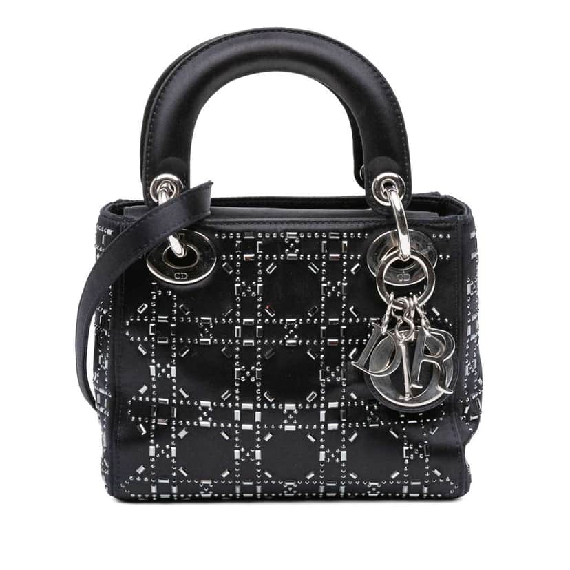 Dior Mini Satin Cannage Strass Crystal Embellished Lady Dior Black Satin Good condition - Front View