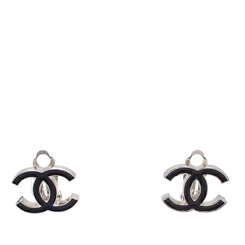 Chanel Silver Plated Enamel CC Clip on Earrings Black Good condition - Front View