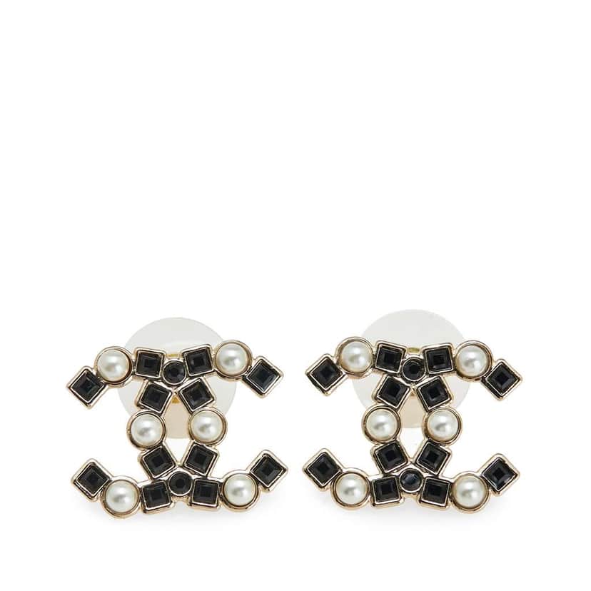 Chanel CC Gold Plated Crystals & Faux Pearls Stud Earrings Gold Metal Good condition - Front View