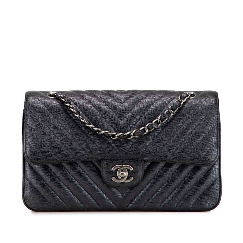 Chanel Medium Classic Chevron Caviar Double Flap Black Leather Very good condition - Front View