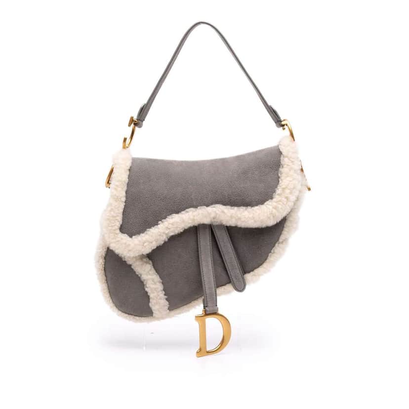 Dior Shearling Suede Saddle Bag Grey Leather Good condition - Front View