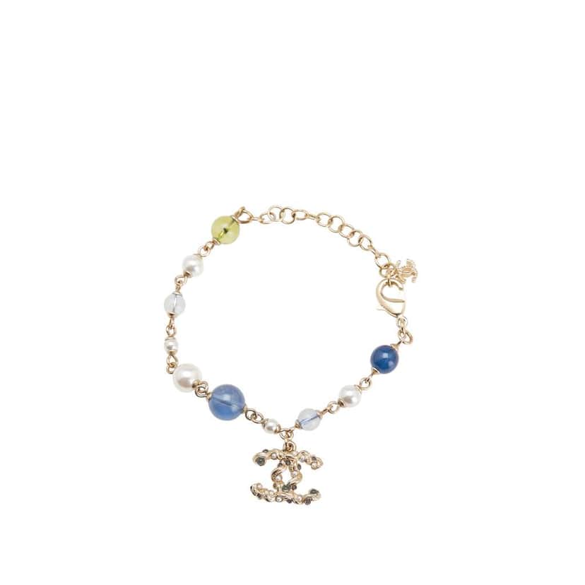 Chanel Gold Plated Faux Pearl Beaded CC Bracelet Gold Metal Good condition - Front View