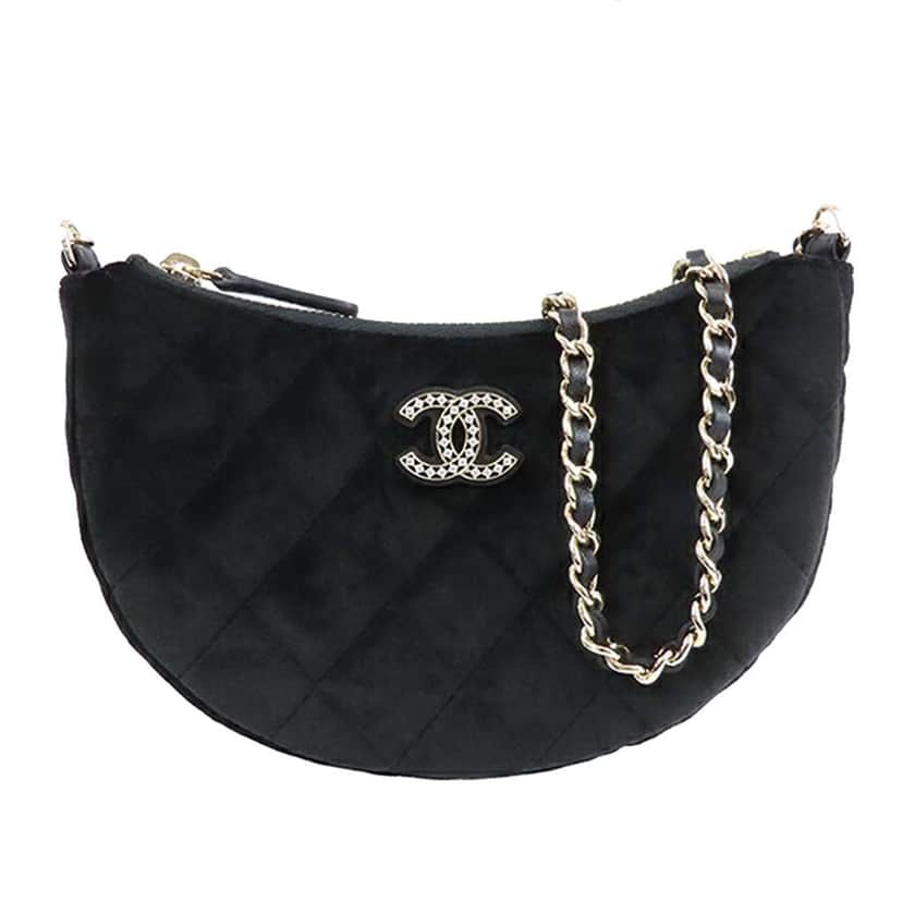 Chanel CC Quilted Velour Half Moon Chain Crossbody Black Velvet Good condition - Front View