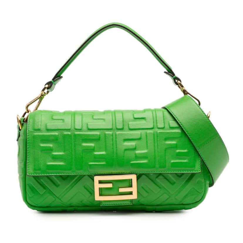 Fendi Zucca Embossed Leather Baguette Satchel Green Leather Good condition - Front View