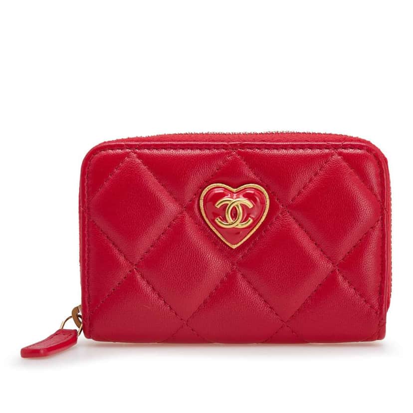 Chanel Quilted Lambskin Acrylic Coco Love Coin Pouch Red Leather Good condition - Front View