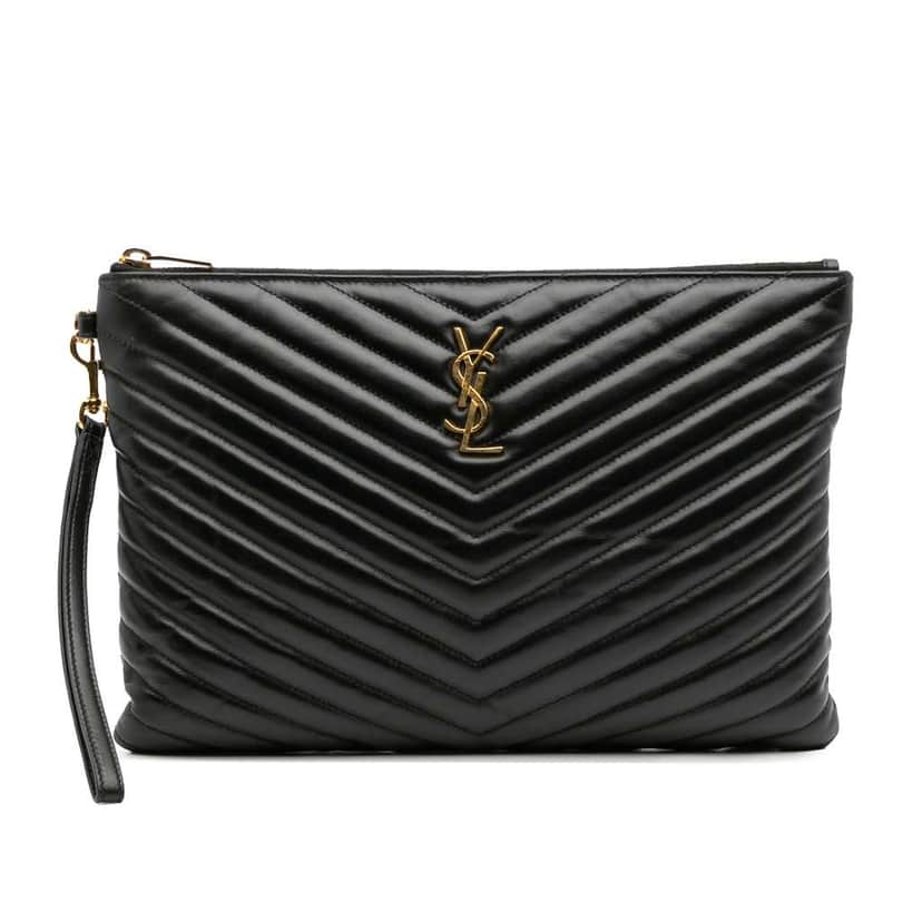Saint Laurent Leather Chevron Monogram Document Holder Black Leather Good condition - Front View