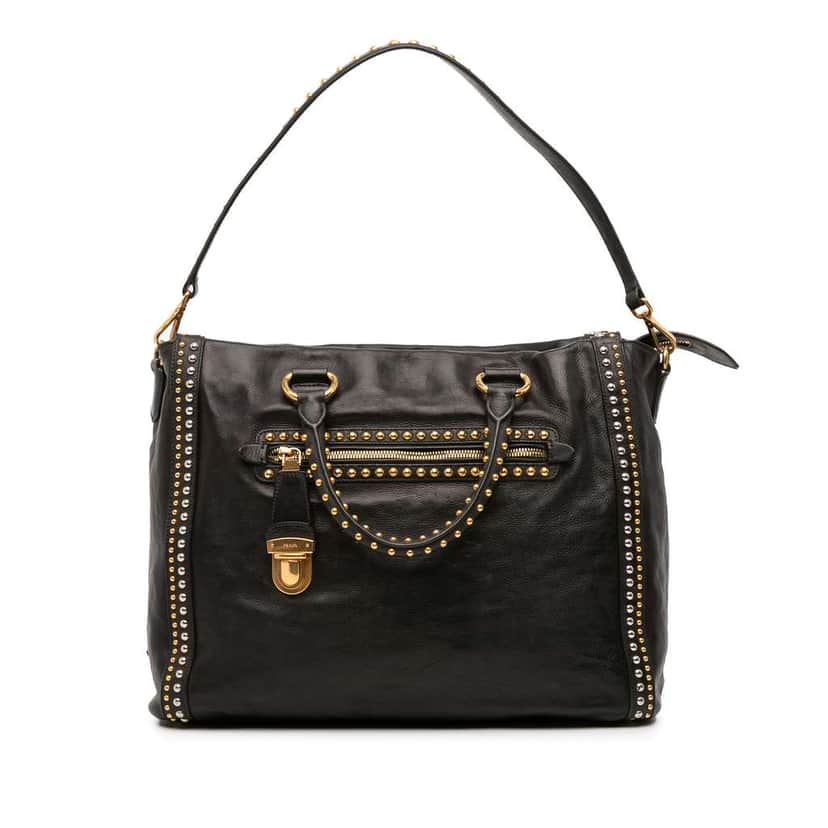 Prada Glace Calf Studded Satchel Black Leather Good condition - Front View