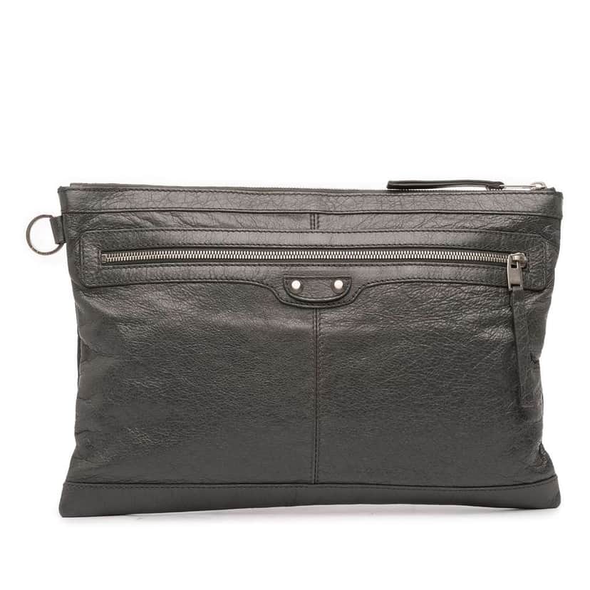 Balenciaga Lambskin Motocross Classic Clip L Clutch Black Leather Good condition - Front View