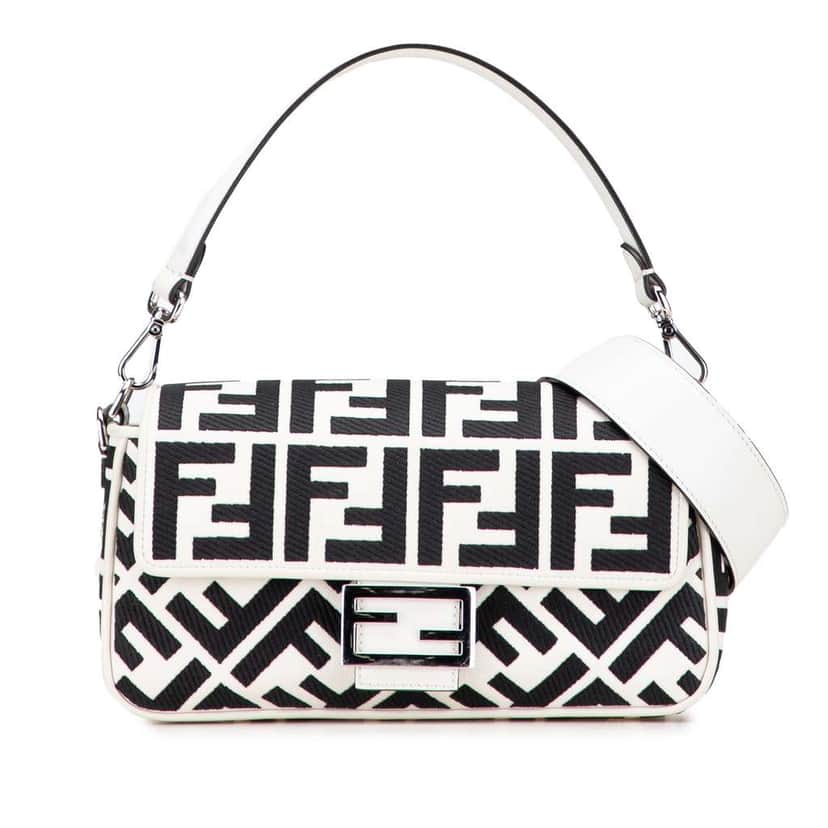 Fendi Zucca Embroidered Canvas Baguette Satchel White Canvas Good condition - Front View