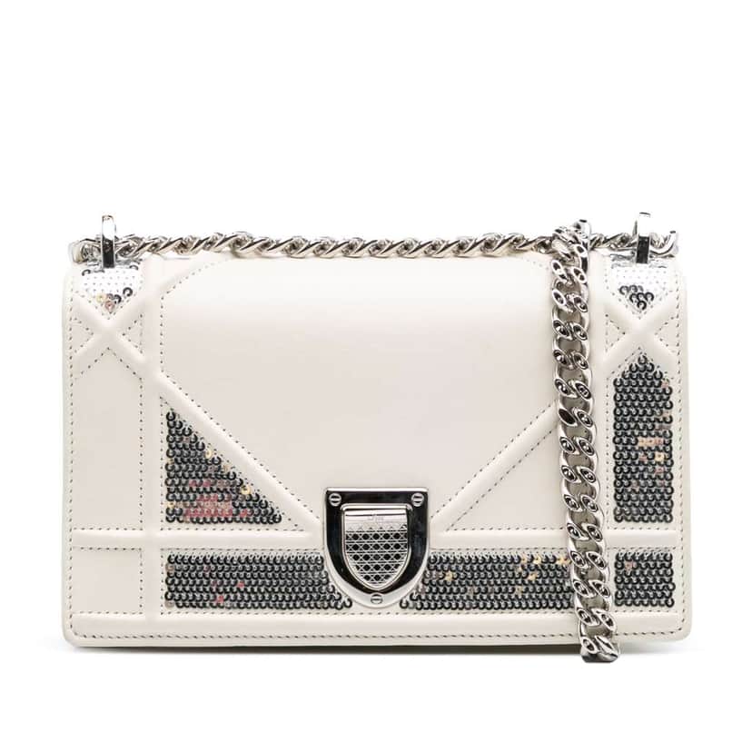 Dior Small Calfskin Diorama Sequin Flap White Leather Good condition - Front View