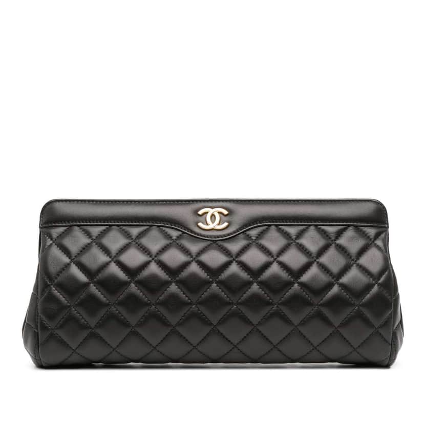 Chanel CC Quilted Lambskin Frame Clutch Black Leather Good condition - Front View