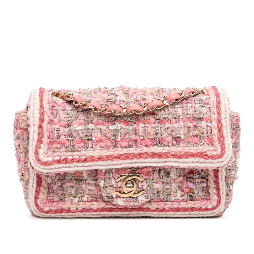 Chanel Mini Rectangular Classic Tweed Braid Flap Pink Tweed Good condition - Front View