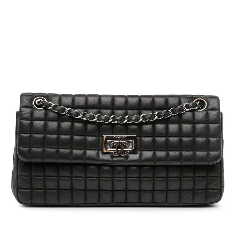 Chanel Chocolate Bar Iridescent Calfskin Bubble Flap Black Leather Good condition - Front View