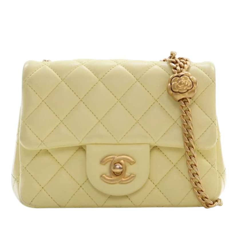 Chanel Mini Square Lambskin Sweet Camellia Flap Yellow Leather Good condition - Front View