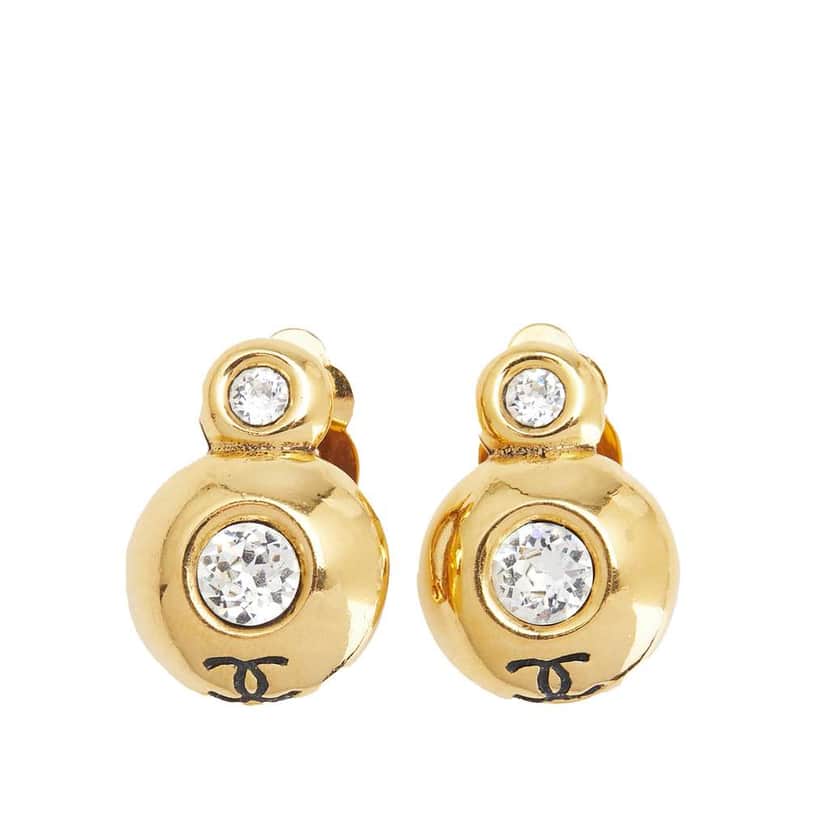 Chanel Gold Plated Rhinestone CC Round Button Drop Clip On Earrings Gold Metal Good condition - Front View