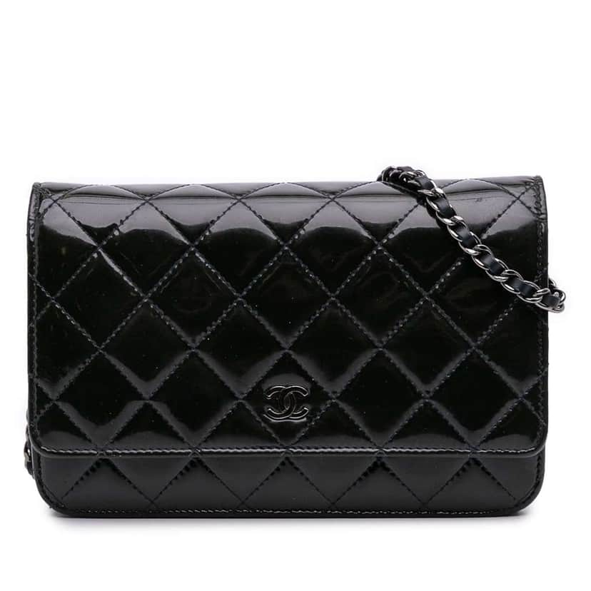 Chanel CC Quilted Patent Wallet On Chain Black Leather Good condition - Front View