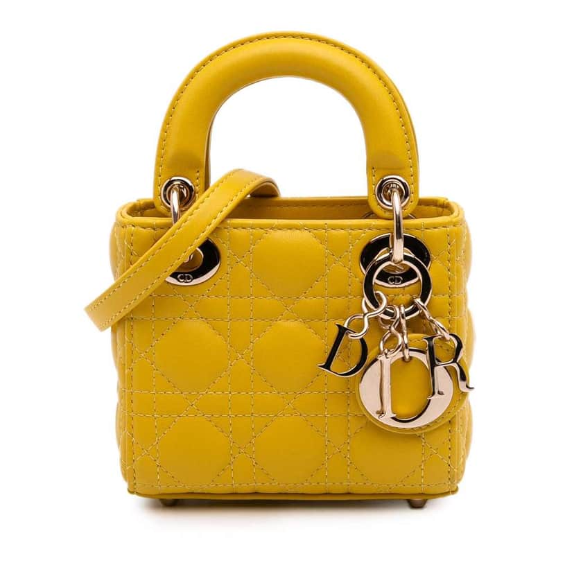 Dior Micro Lambskin Cannage Lady Dior Yellow Leather Very good condition - Front View