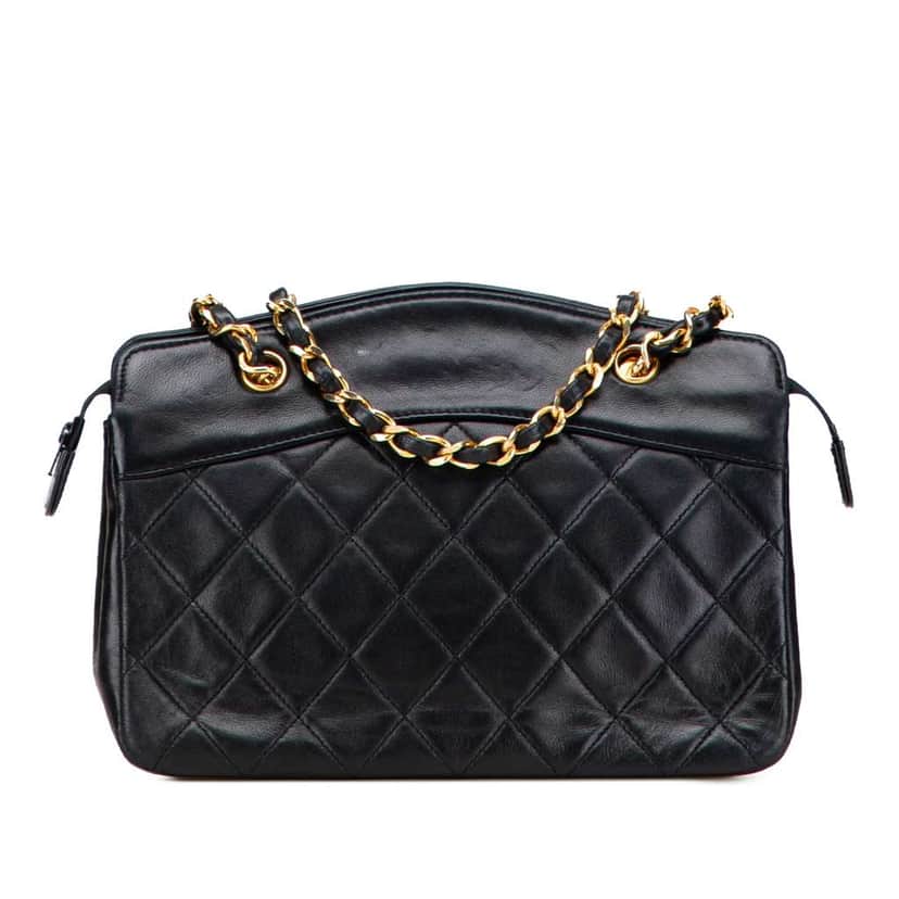 Chanel Quilted Lambskin Chain Handbag Black Leather Good condition - Front View