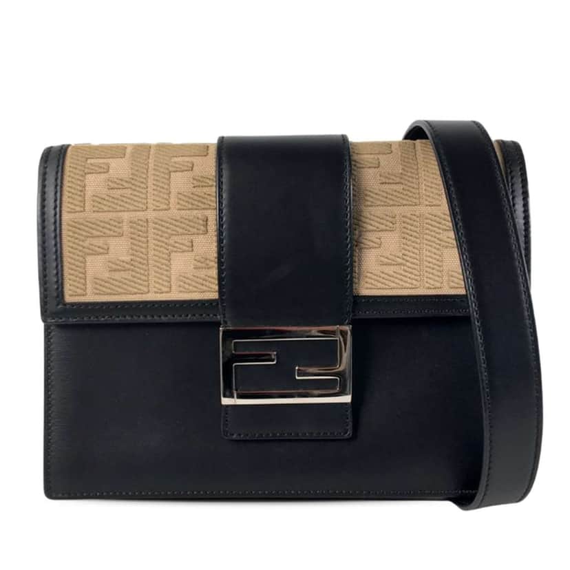 Fendi Calfskin and Canvas FF 1974 Flat Baguette Crossbody Black Leather Good condition - Front View