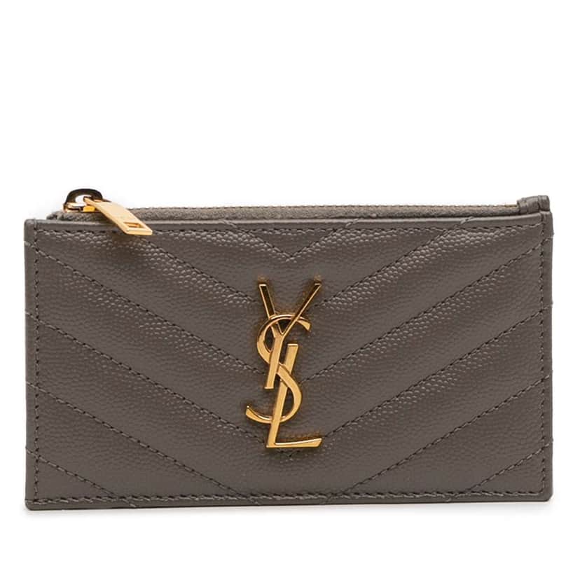 Saint Laurent Grain De Poudre Chevron Monogram Fragments Zippered Card Case Grey Leather Good condition - Front View
