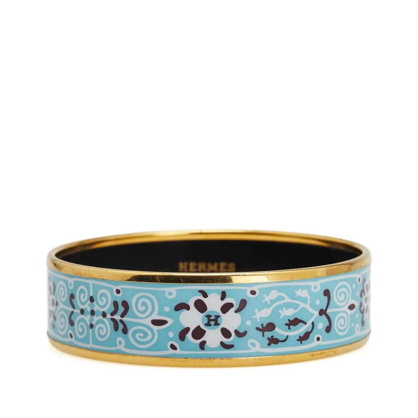 Hermès Wide Petits Chevaux de Hongrie Enamel Bangle 62 Blue Good condition - Front View