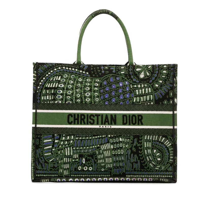Dior Large Canvas Embroidered Elephant Book Tote Green Canvas Good condition - Front View