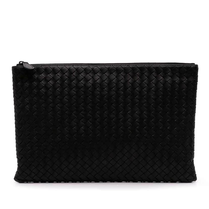 Bottega Veneta Large Nappa Intrecciato Flat Zip Biletto Pouch Black Leather Good condition - Front View
