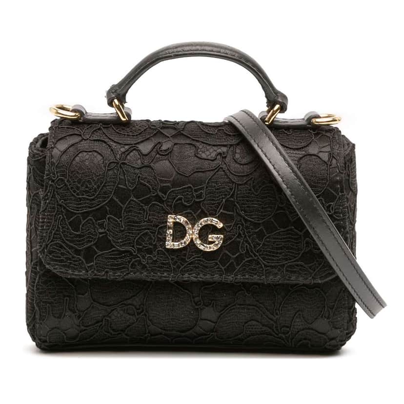 Dolce & Gabbana Silk and Lace Crystal Embellished DG Flap Satchel Black Silk Good condition - Front View