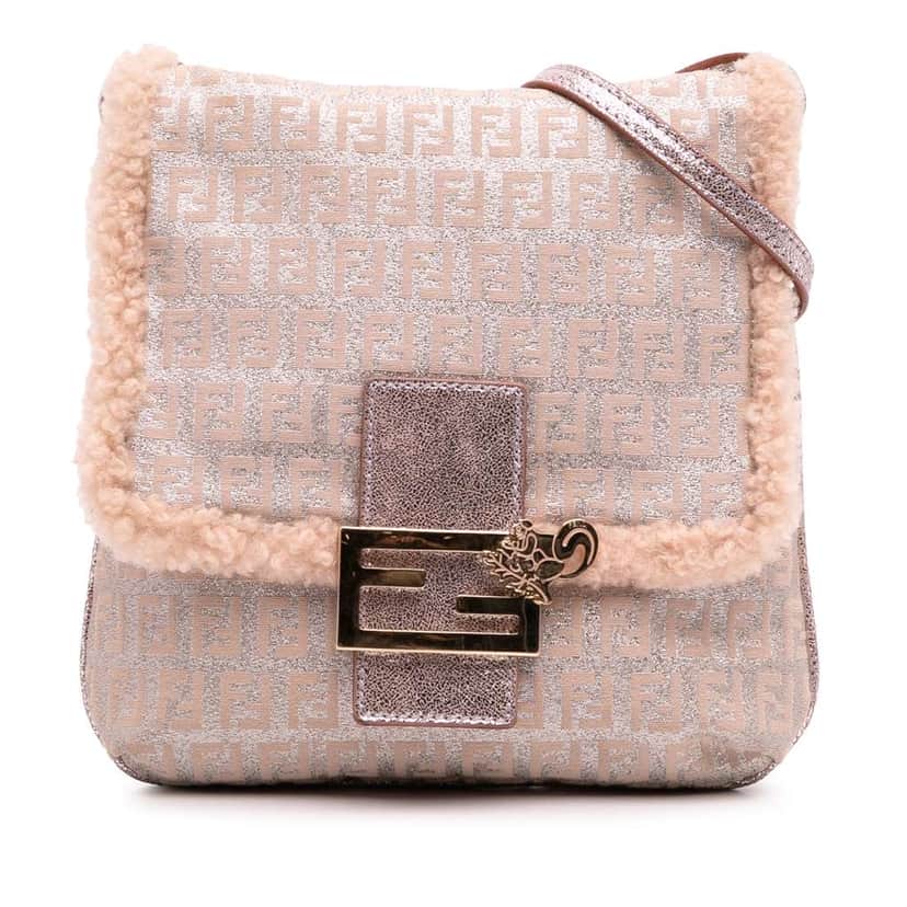 Fendi Zucchino Metallic Canvas and Shearling Crossbody Pink Canvas Good condition - Front View