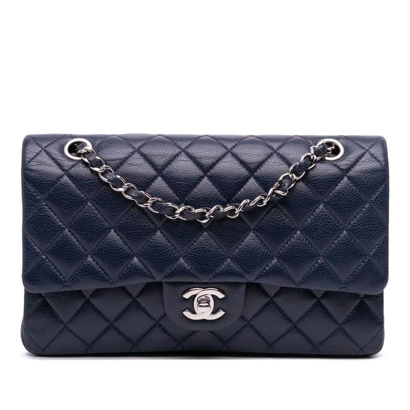 Chanel Medium Classic Caviar Double Flap Blue Leather Good condition - Front View