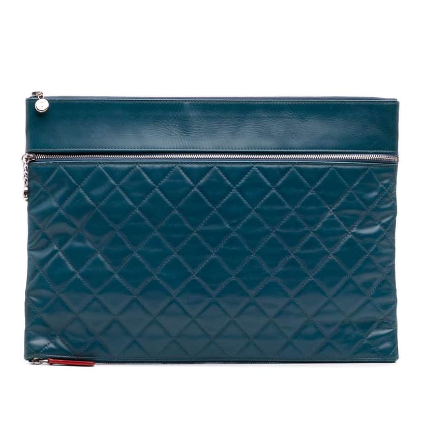 Chanel CC Quilted Lambskin Multi Zip Clutch Blue Leather Good condition - Front View