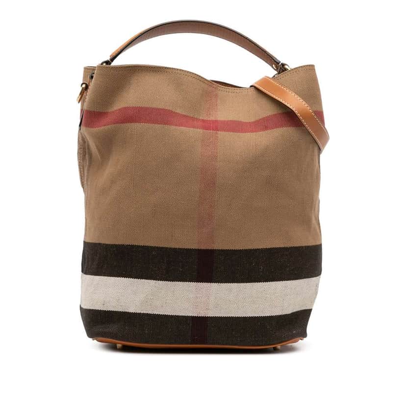 Burberry Medium Mega Check Canvas Ashby Bucket Bag Brown Canvas Good condition - Front View