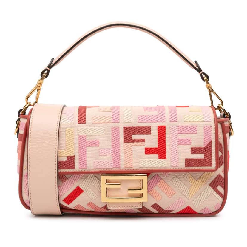 Fendi Zucca Embroidered Canvas Baguette Satchel Pink Canvas Good condition - Front View