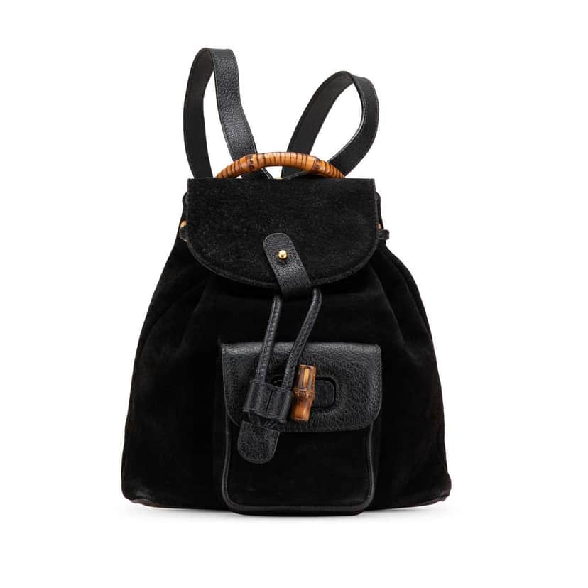 Gucci Suede Bamboo Backpack Black Leather Good condition - Front View